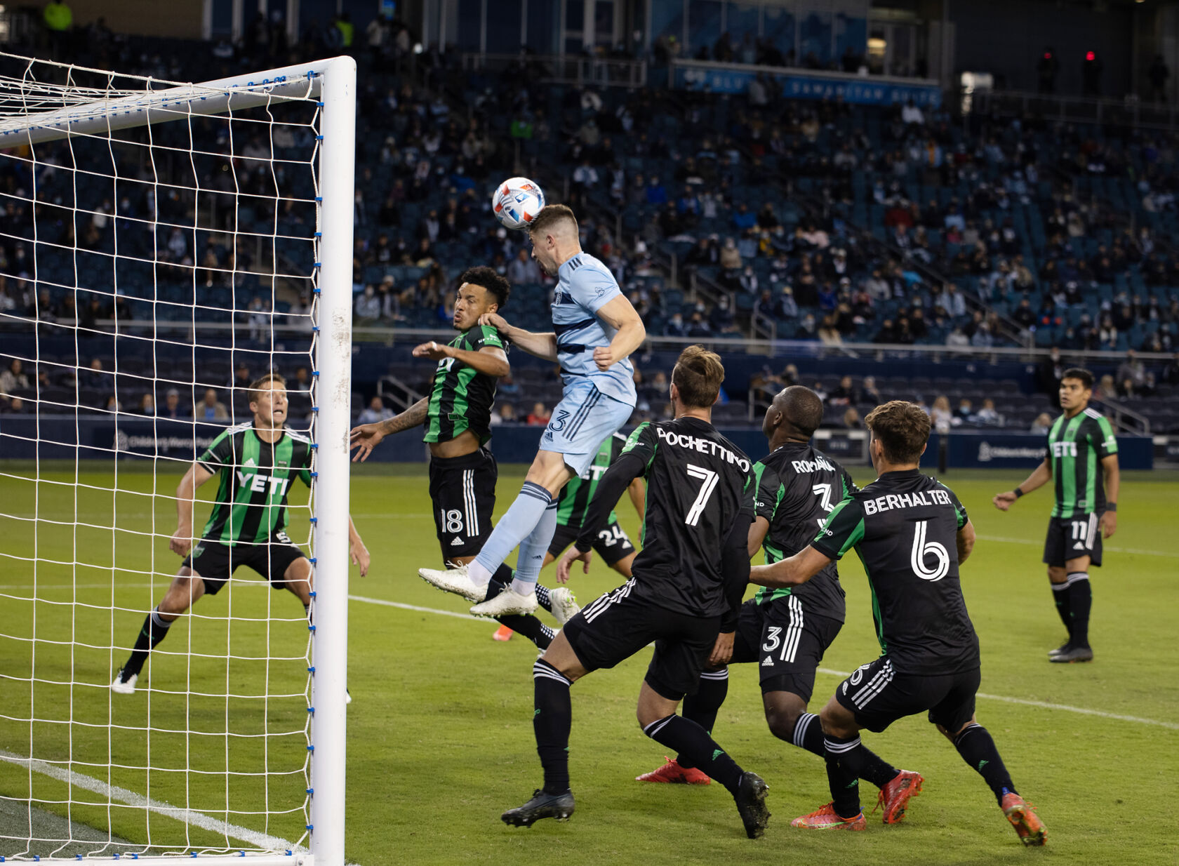 Andreu Fontas attempts to head butt the ball